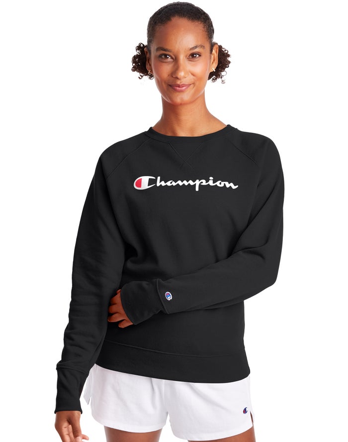 Champion Powerblend Fleece Classic Crew Script Logo - Naisten Mustat Collegepaita - Suomi 5103476-RG